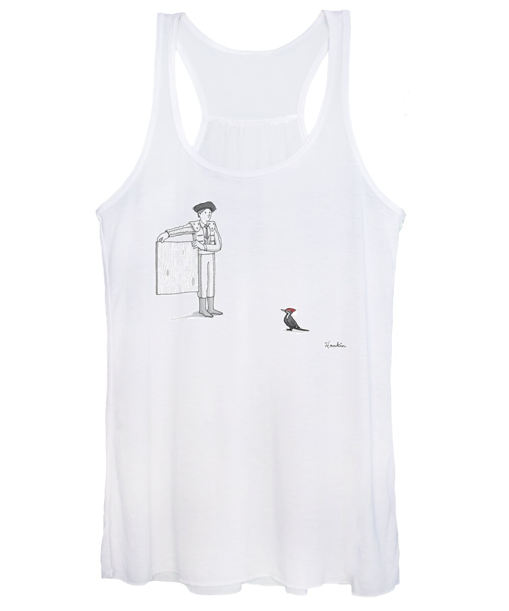 Captionless Women's Tank Top featuring the drawing A Matador Provokes A Red-headed Woodpecker by Charlie Hankin