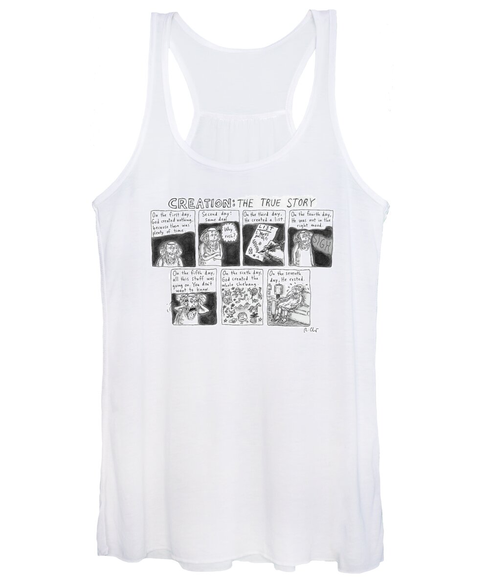 Captionless Bible Women's Tank Top featuring the drawing A Panel Called Creation: The True Story Which by Roz Chast
