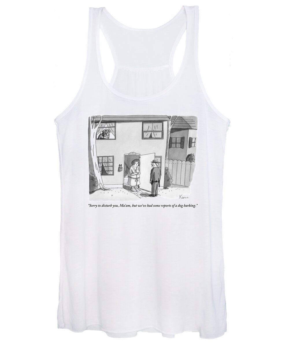 Dogs Women's Tank Top featuring the drawing A Police Officer Makes A House Call. Inside A Dog by Zachary Kanin