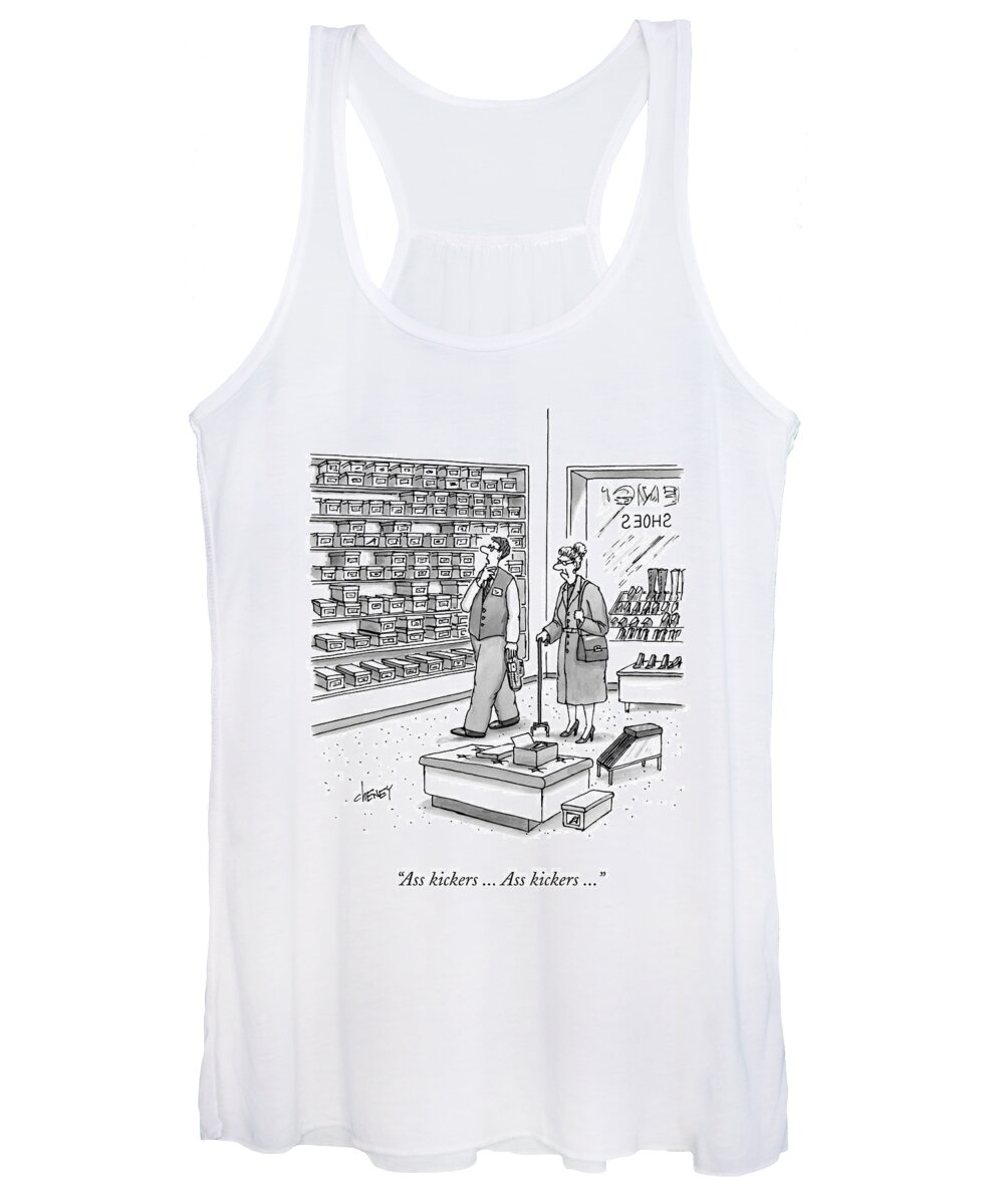 Shoes Women's Tank Top featuring the drawing A Shoe Salesman Browses The Selection Of Shoes by Tom Cheney