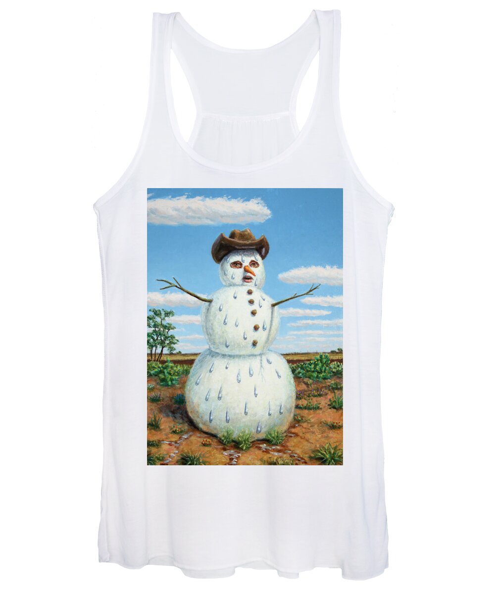 Snowman Women's Tank Top featuring the painting A Snowman in Texas by James W Johnson
