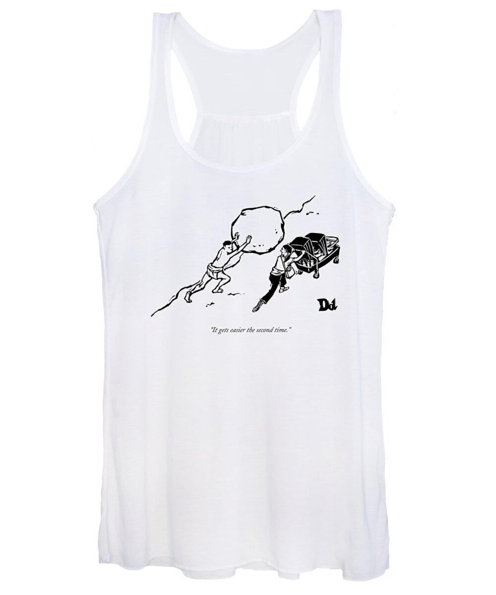 Cctk Women's Tank Top featuring the drawing A Strong-man Is Pushing A Boulder Up A Hill. Next by Drew Dernavich