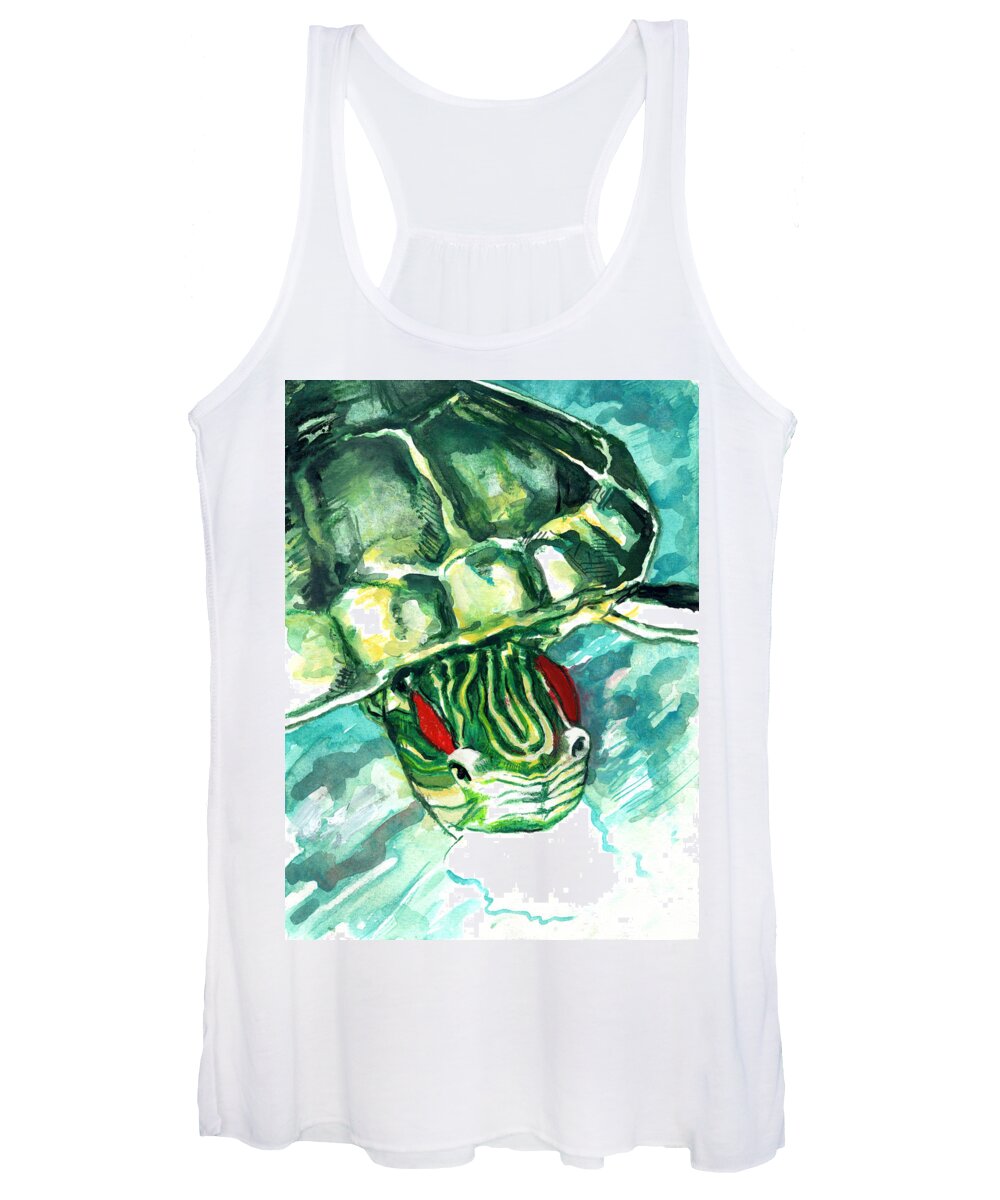 Turtle Women's Tank Top featuring the painting A Turtle Who Likes To Eat Fish by Rene Capone