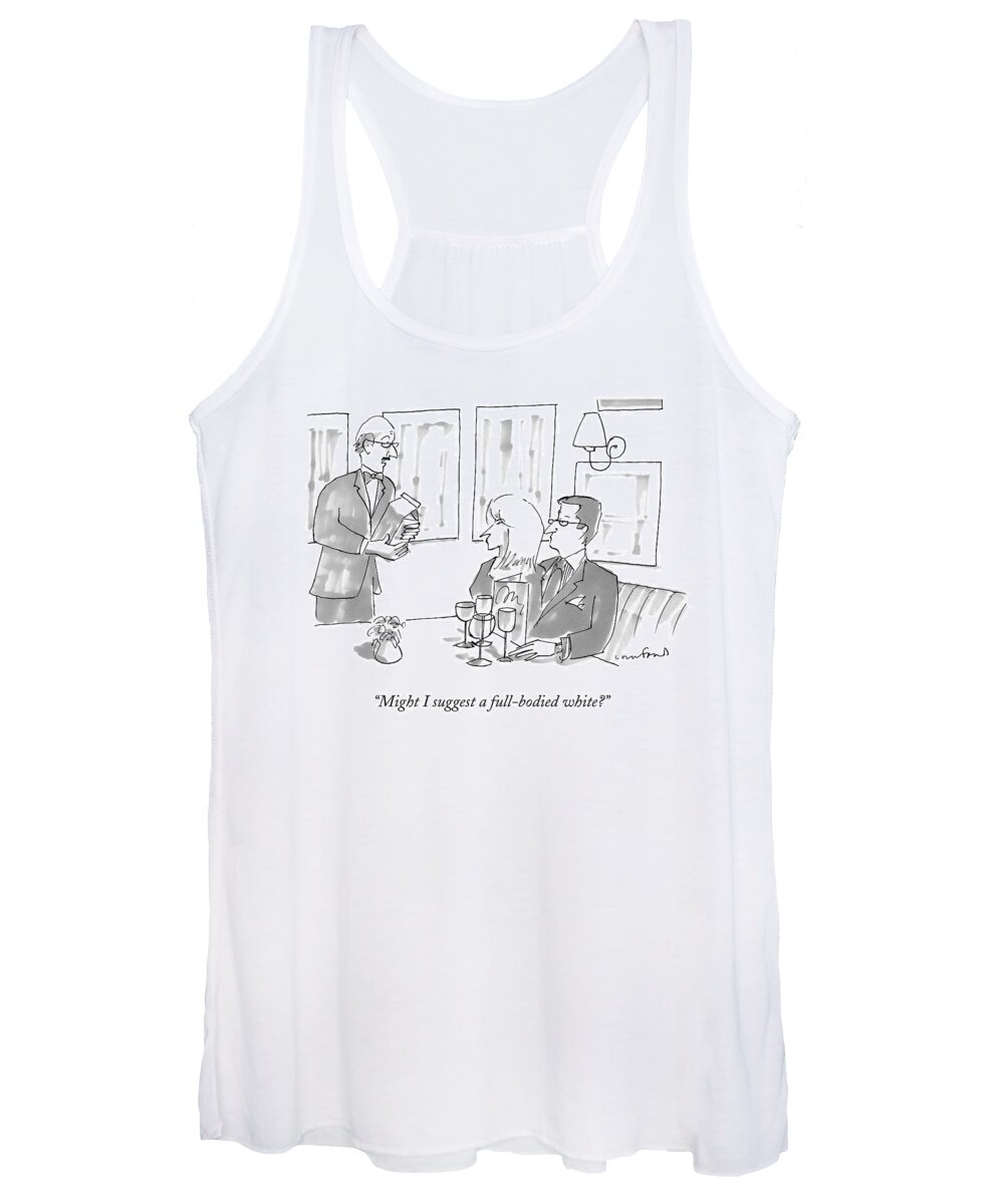 Restaurant Women's Tank Top featuring the drawing A Waiter At A Fancy Restaurant Presents A Carton by Michael Crawford