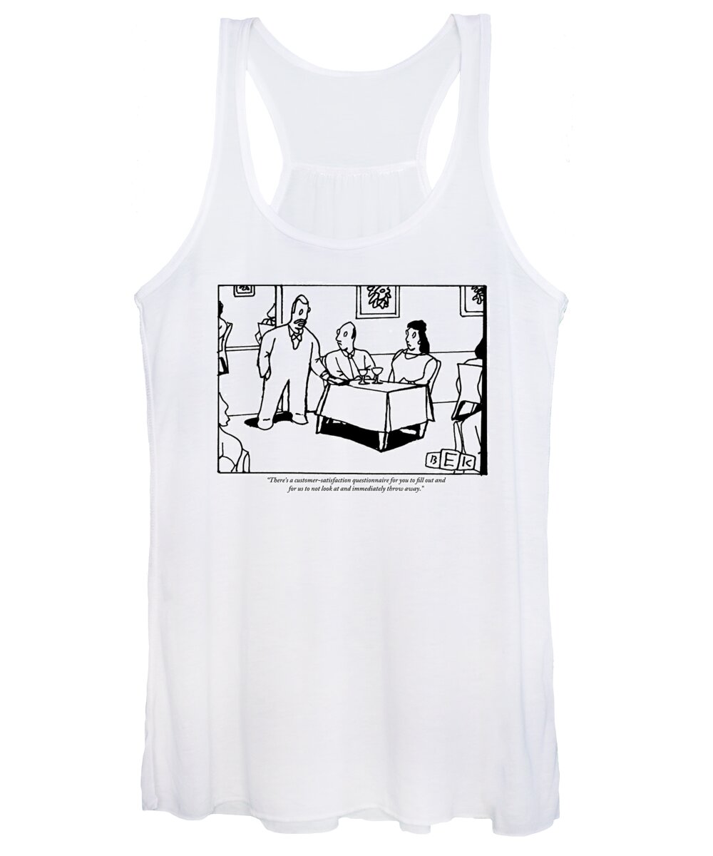 Waiters Women's Tank Top featuring the drawing A Waiter Speaks To A Couple At A Restaurant Table by Bruce Eric Kaplan