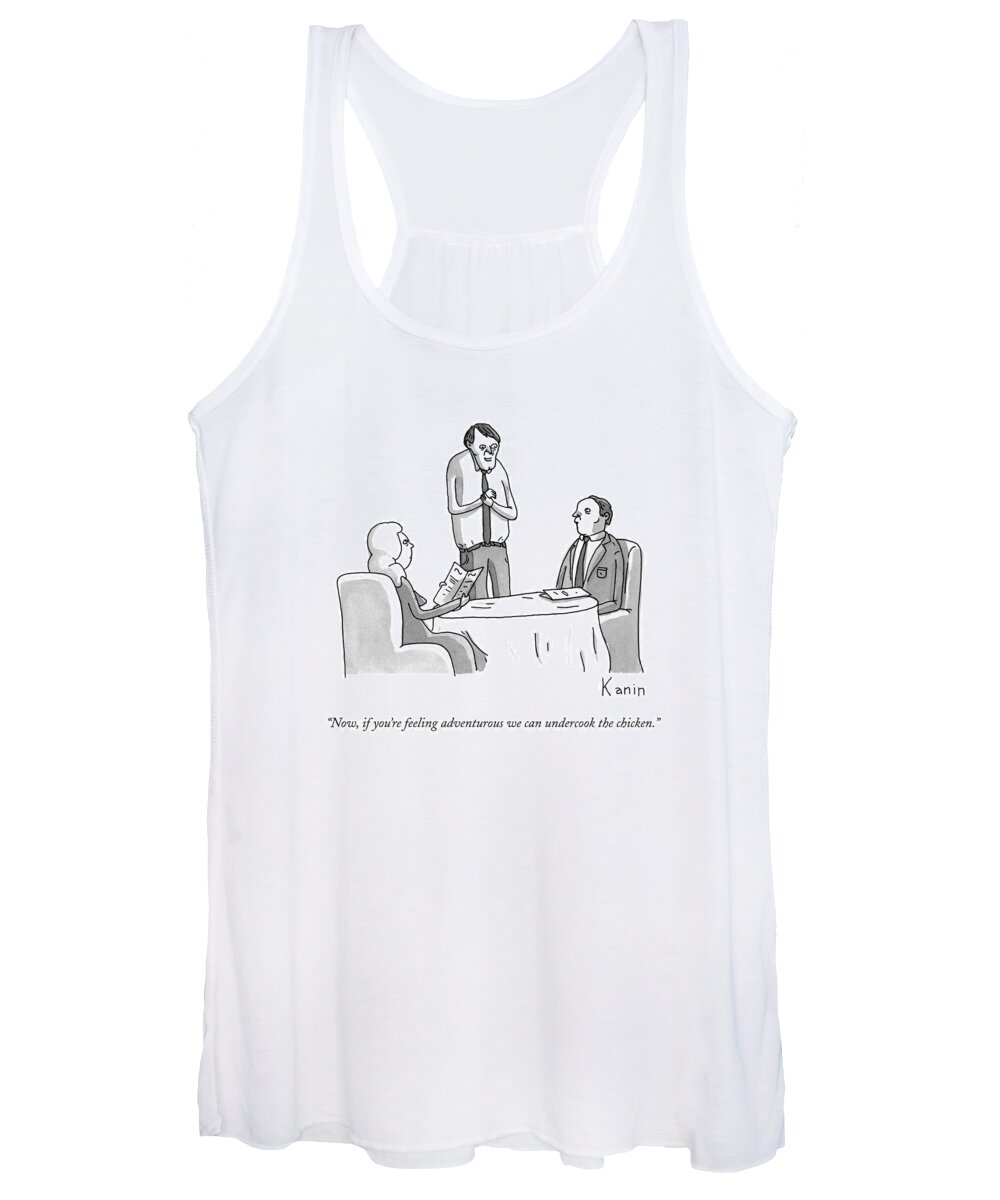 Restaurant Women's Tank Top featuring the drawing A Waiter Speaks To A Couple At A Restaurant by Zachary Kanin
