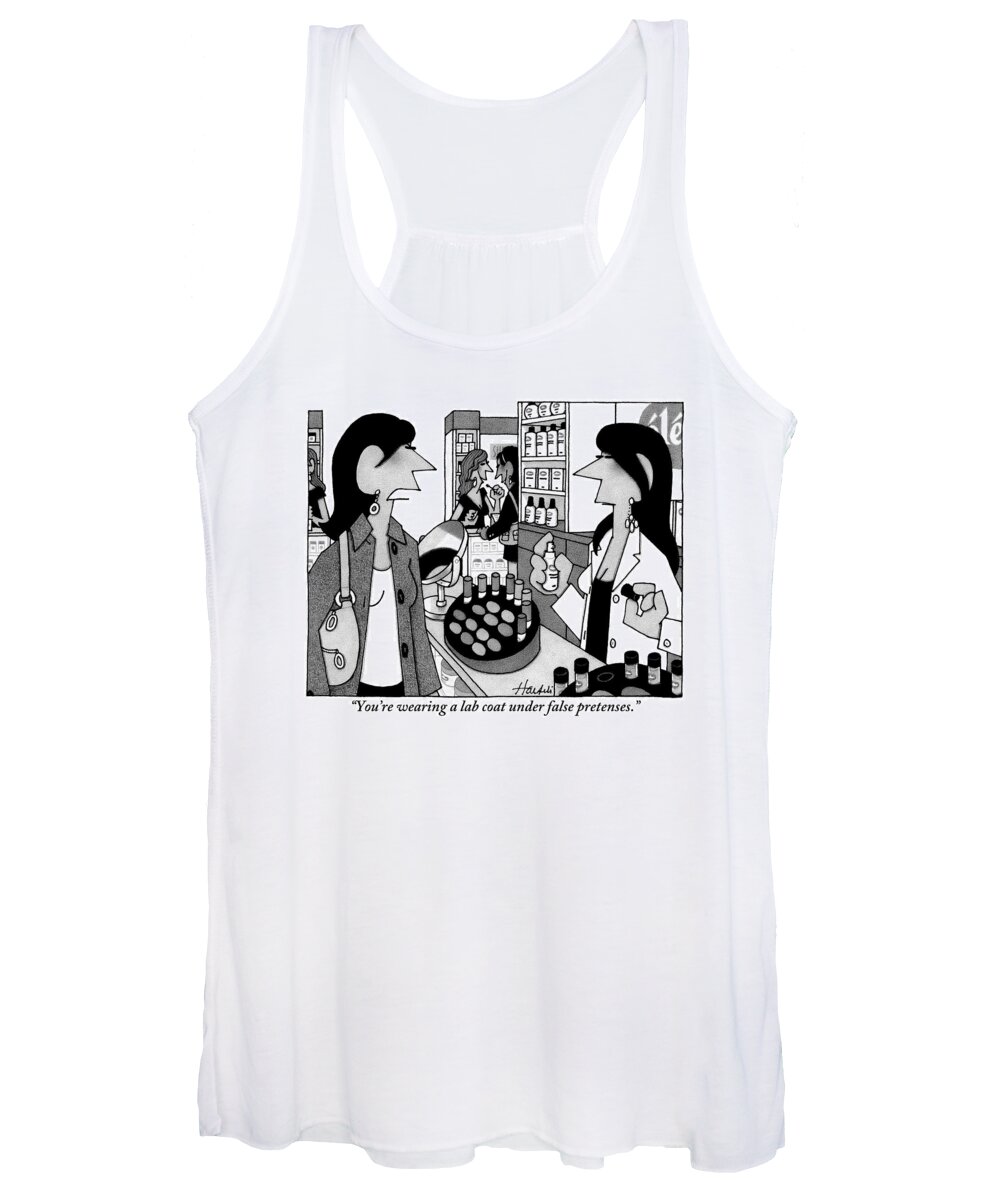 Lab Coat Women's Tank Top featuring the drawing A Woman Addresses A Female Cosmetologist Wearing by William Haefeli