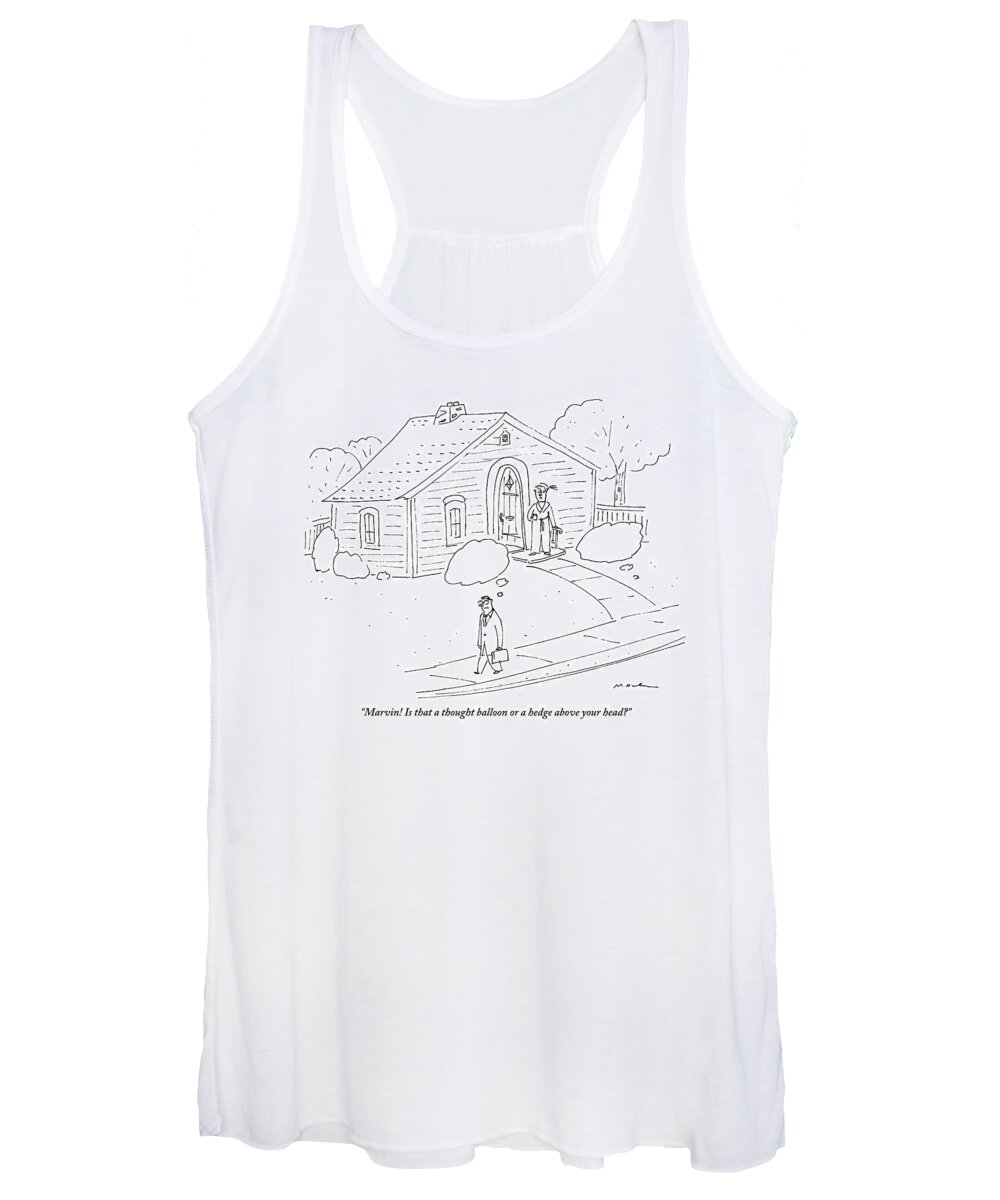 Thought Bubbles Women's Tank Top featuring the drawing A Woman At The Front Door Calls To Her Husband by Michael Maslin
