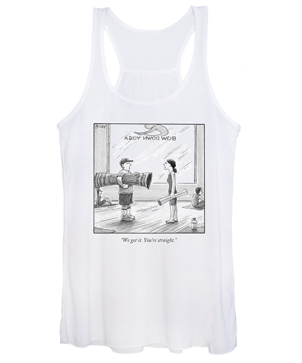Cctk Women's Tank Top featuring the drawing A Woman In A Yoga Studio Holding A Mat Speaks by Harry Bliss
