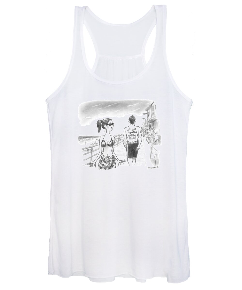 Tattoos Women's Tank Top featuring the drawing A Woman Passes A Man On The Boardwalk. Tattooed by Pat Byrnes