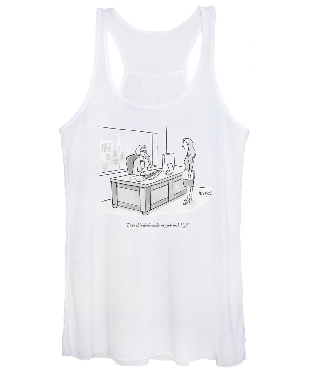 Job Women's Tank Top featuring the drawing A Woman Sitting Behind A Large Desk Talks To An by Robert Leighton
