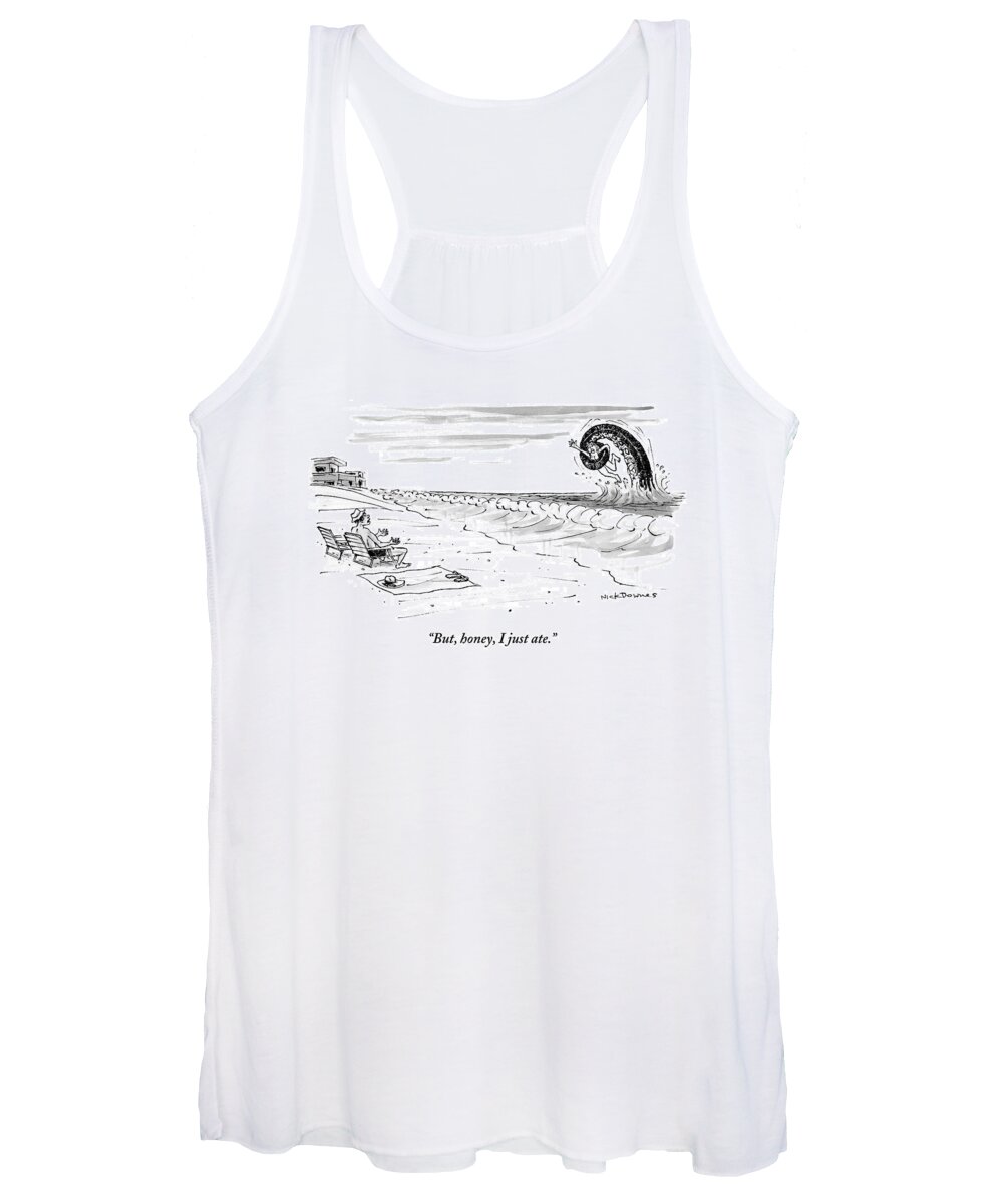 A Woman Swimming In The Ocean Is Trapped In A Beast's Long Tentacle. A Man Sitting On The Beach Looks Exasperated. Women's Tank Top featuring the drawing A Woman Swimming In The Ocean Is Trapped by Nick Downes