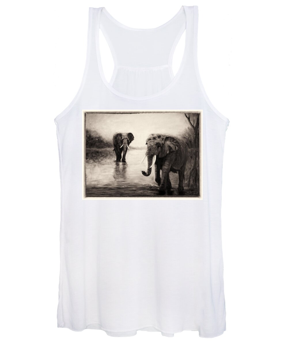 African Elephants Women's Tank Top featuring the painting African Elephants at Sunset by Sher Nasser