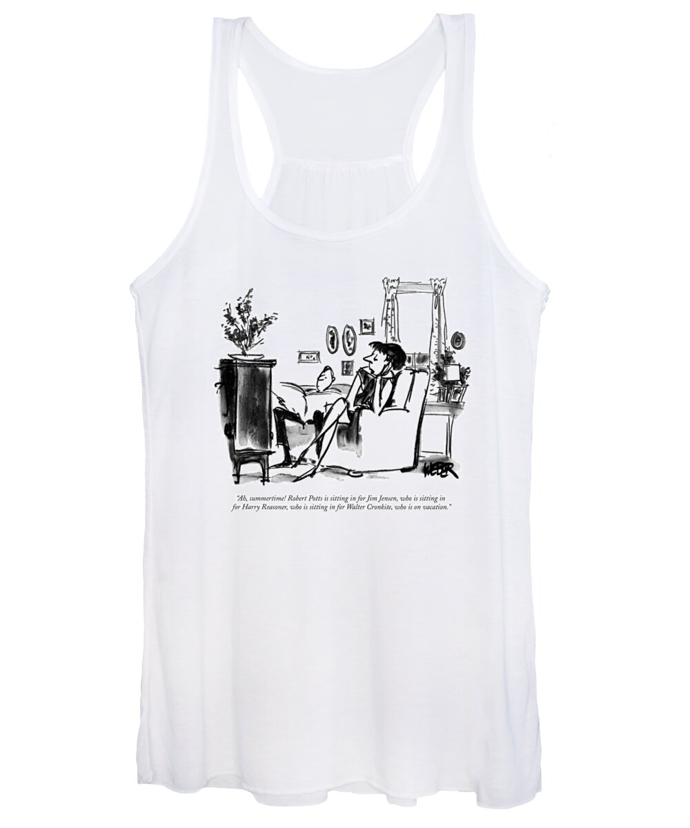 
(woman Sitting In Living Room Llistening To Television Announcer.)celebrities Women's Tank Top featuring the drawing Ah, Summertime! Robert Potts Is Sitting by Robert Weber