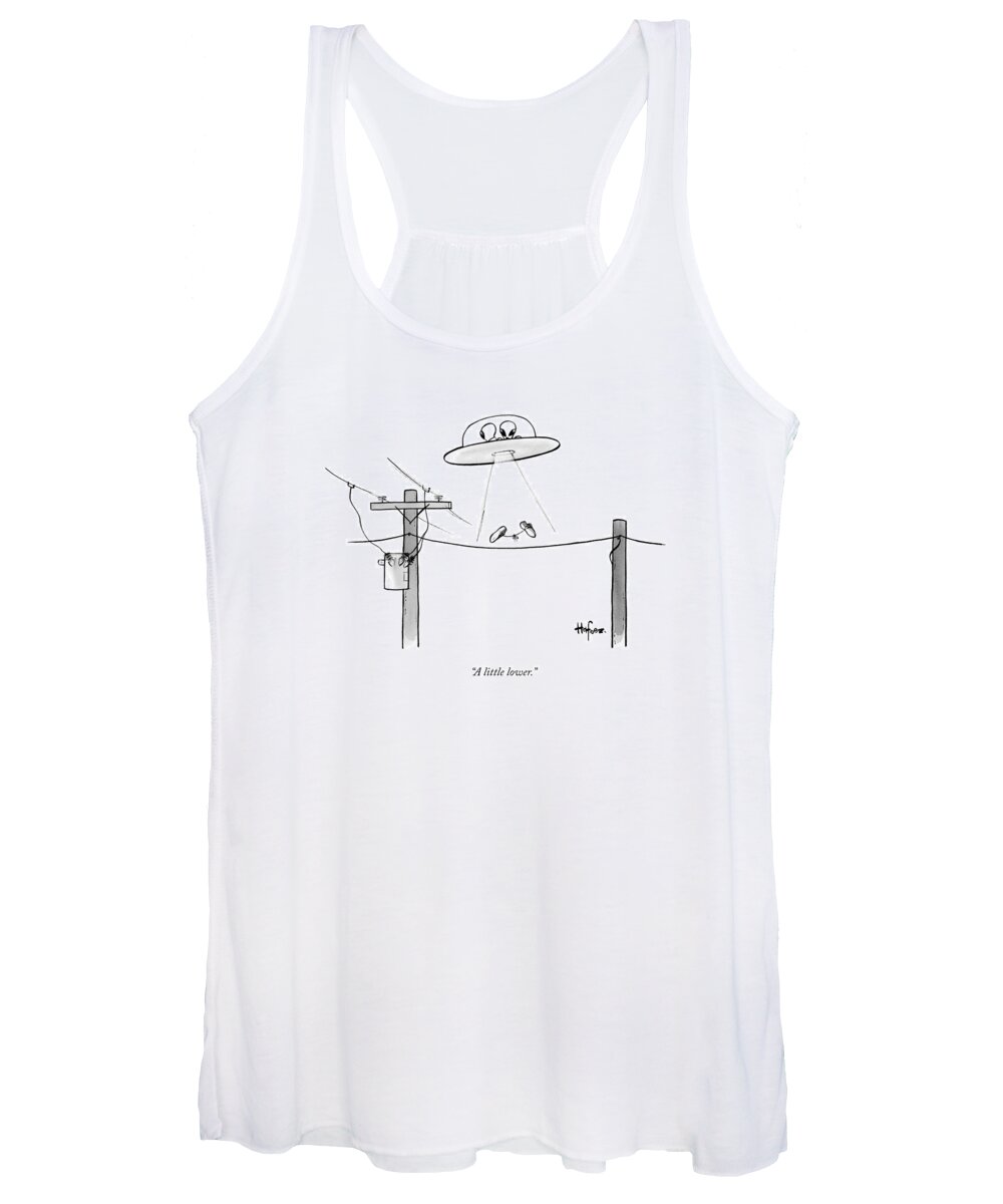 A Little Lower Women's Tank Top featuring the drawing An Alien Space Craft Lowers Two Sneakers Tied by Kaamran Hafeez