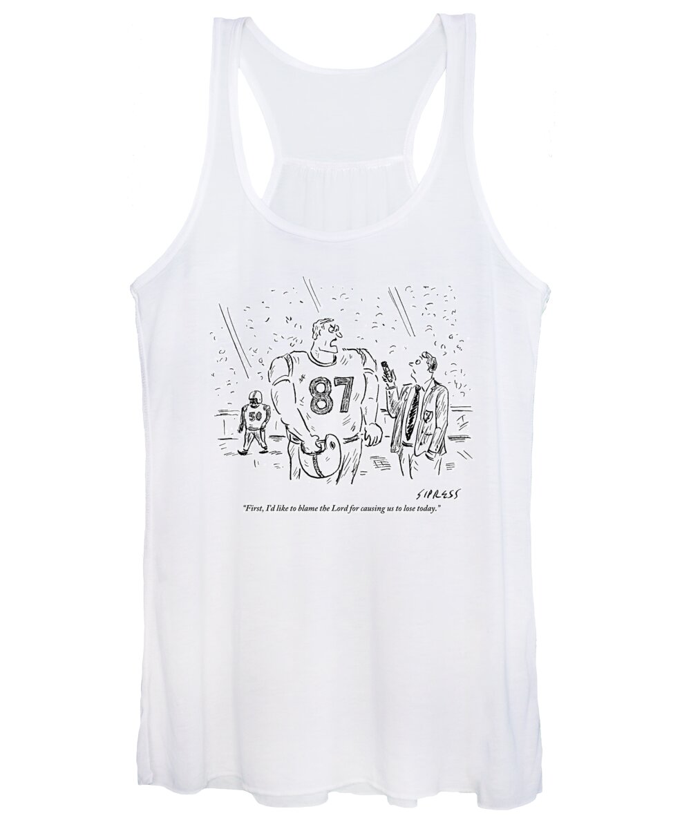 Football Women's Tank Top featuring the drawing An Angry Football Player Is Being Interviewed by David Sipress