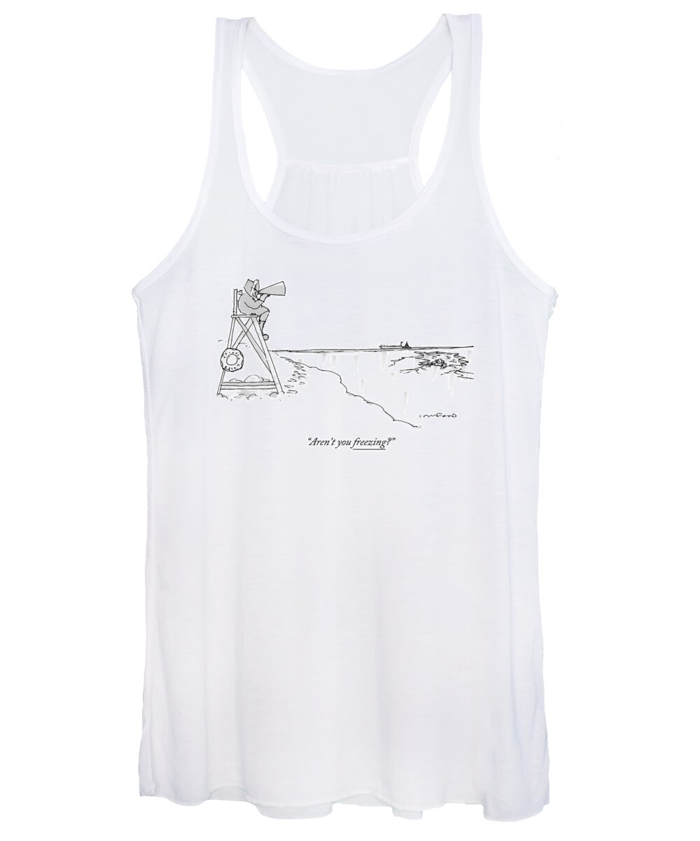 Beach Women's Tank Top featuring the drawing An Eskimo With A Megaphone Sits Atop A Lifeguard by Michael Crawford
