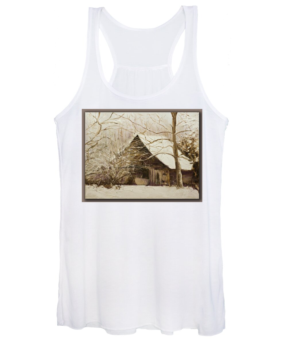 Barn Landscape Snow Women's Tank Top featuring the painting Barn in snow by Kathy Knopp