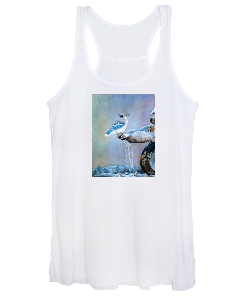 Beautiful Blues And Grays Of A Baby Blue Jay Drinking At A Water Fountain. Women's Tank Top featuring the painting Bathing Baby Blue Jay by Brenda Beck Fisher