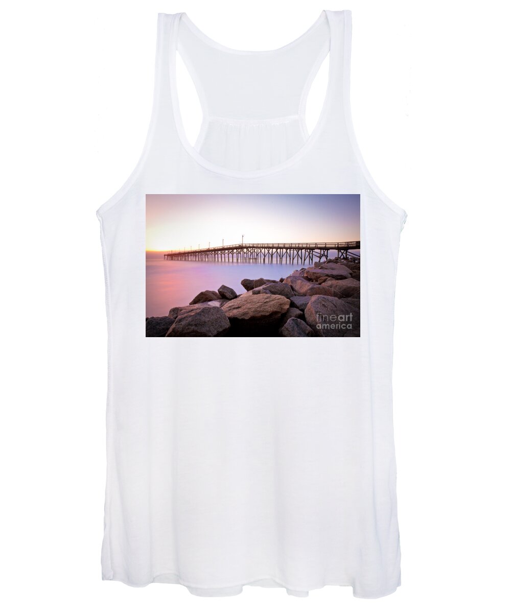 Beach Women's Tank Top featuring the photograph Beach Fishing Pier and Rocks at Sunrise by Jo Ann Tomaselli