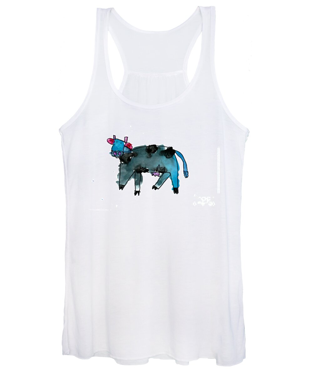Cow Women's Tank Top featuring the painting Blue Cow by Andrew Yap Age Six