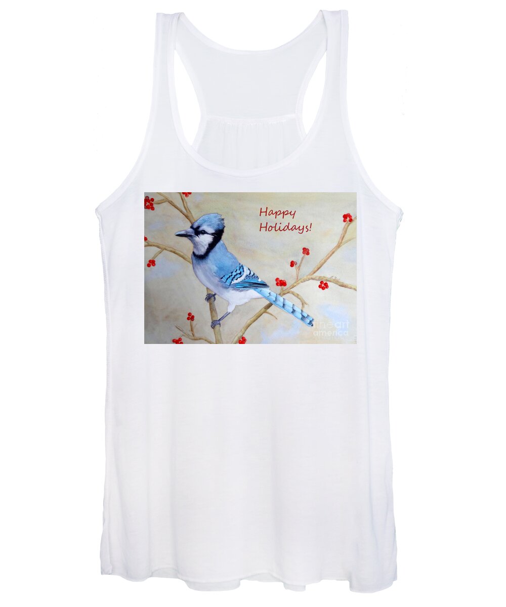 Blue Jay Women's Tank Top featuring the painting Blue Jay Happy Holidays by Laurel Best
