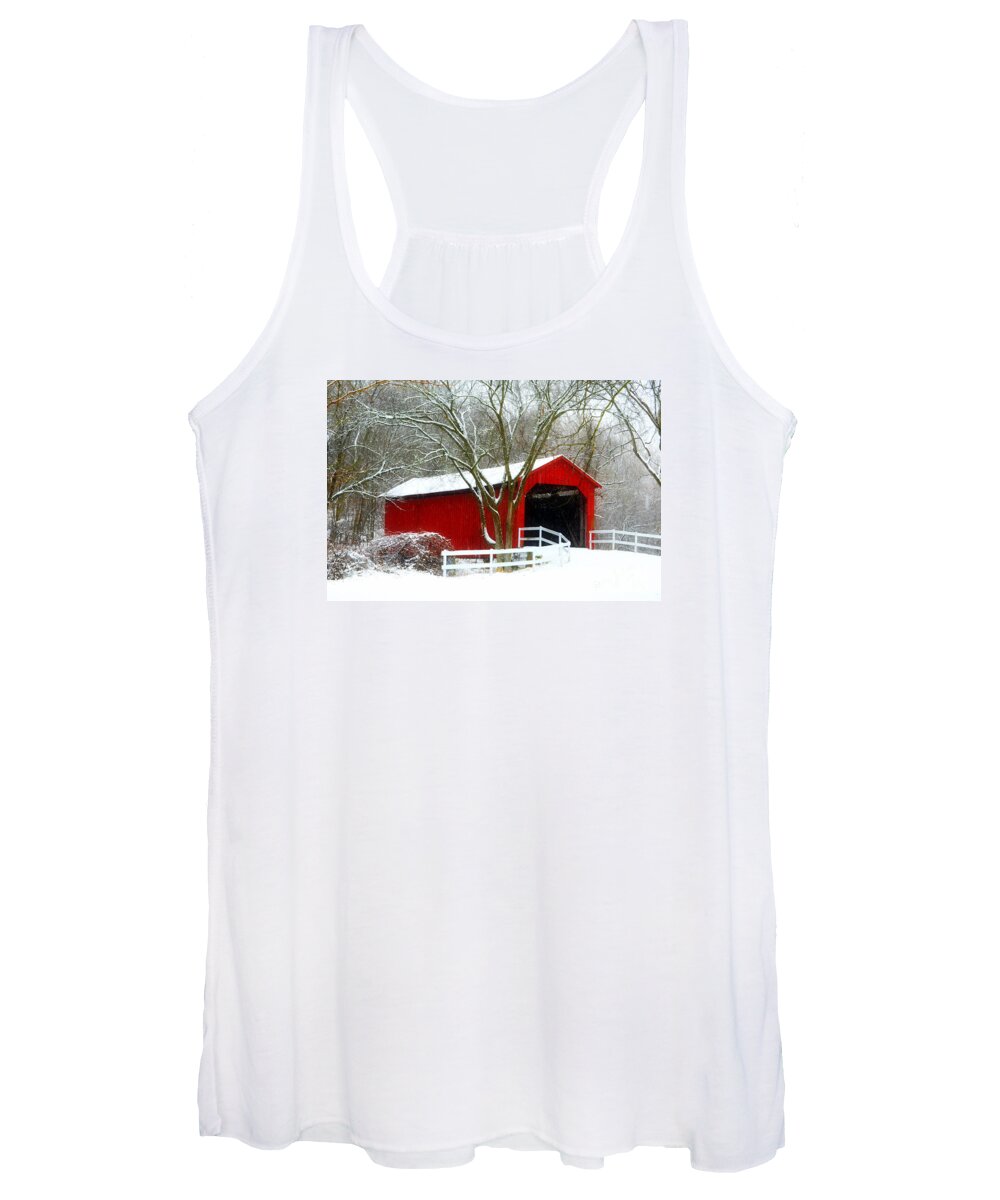 Winter Wonderland Women's Tank Top featuring the photograph Cover Bridge Beauty by Peggy Franz