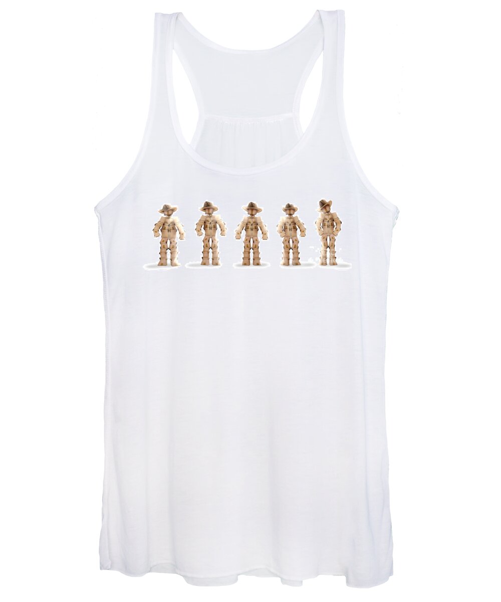  Cowboy Women's Tank Top featuring the photograph Cowboy box characters on white by Simon Bratt