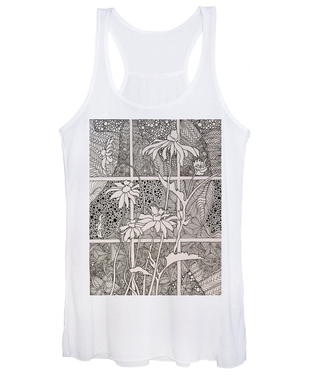 Pen Women's Tank Top featuring the drawing Daisies in a Window by Terry Holliday