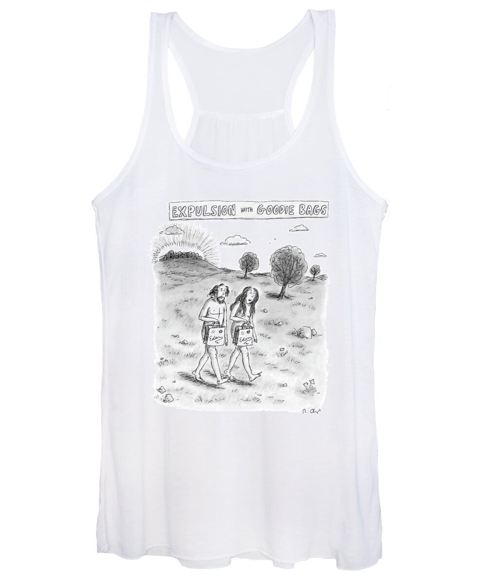 Religion The Bible 

(adam And Eve Cast From Eden With Goody Bags.) 119354 Rch Roz Chast Women's Tank Top featuring the drawing Expulsion With Goody Bags by Roz Chast