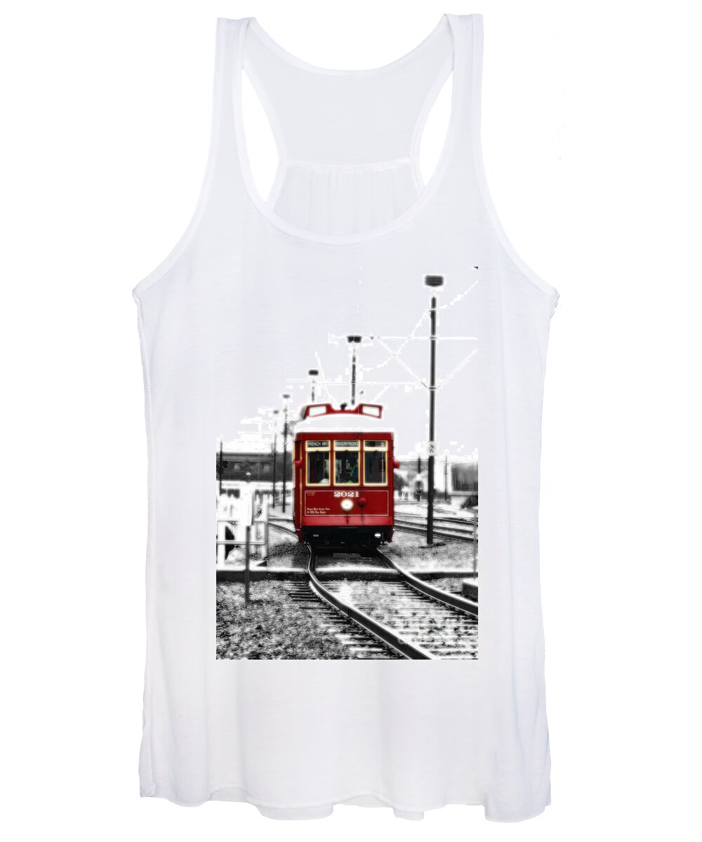 Travelpixpro New Orleans Women's Tank Top featuring the photograph French Quarter French Market Street Car New Orleans Color Splash Black and White with Diffuse Glow by Shawn O'Brien