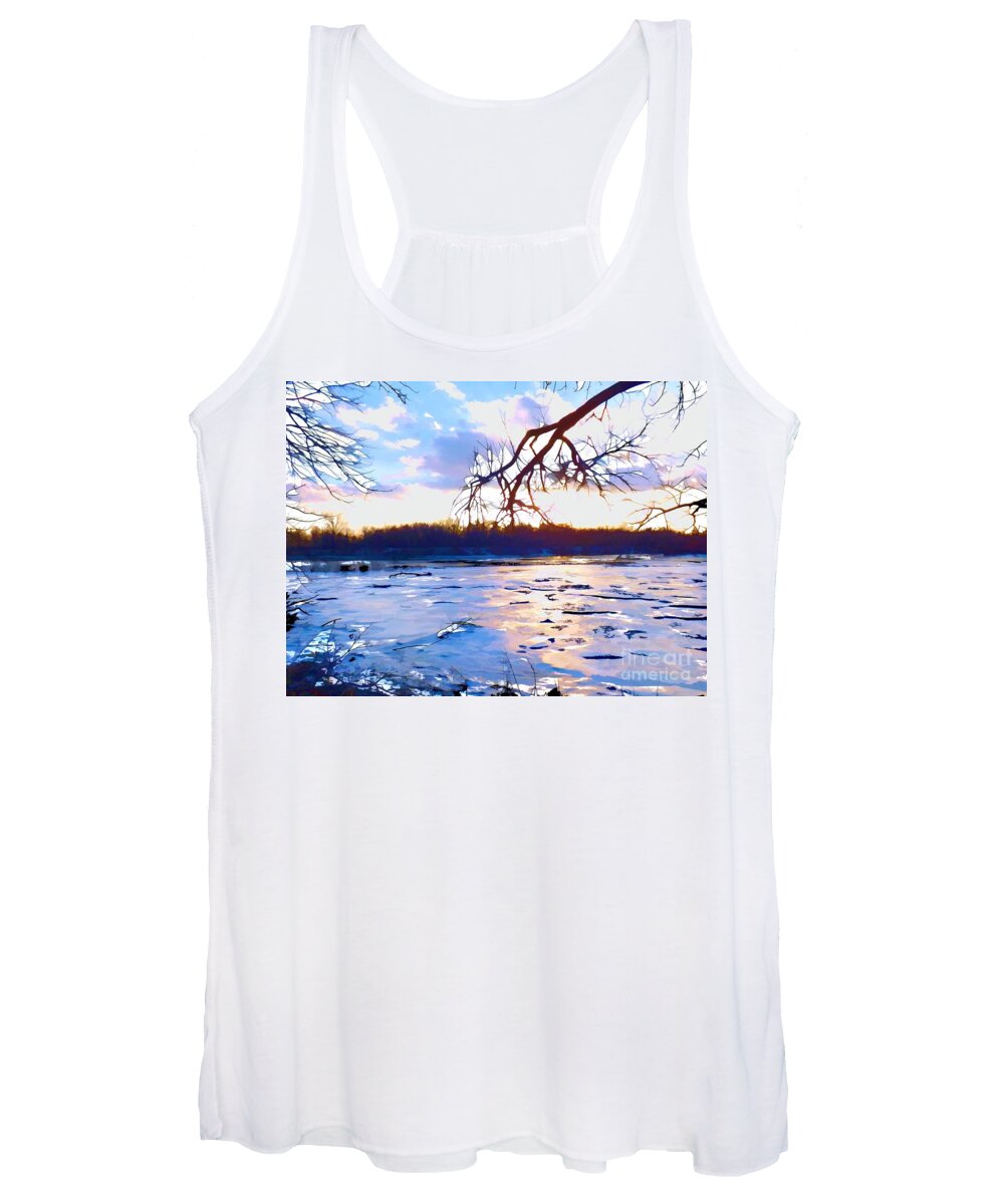 Frozen Women's Tank Top featuring the painting Frozen Delaware River Sunset by Robyn King