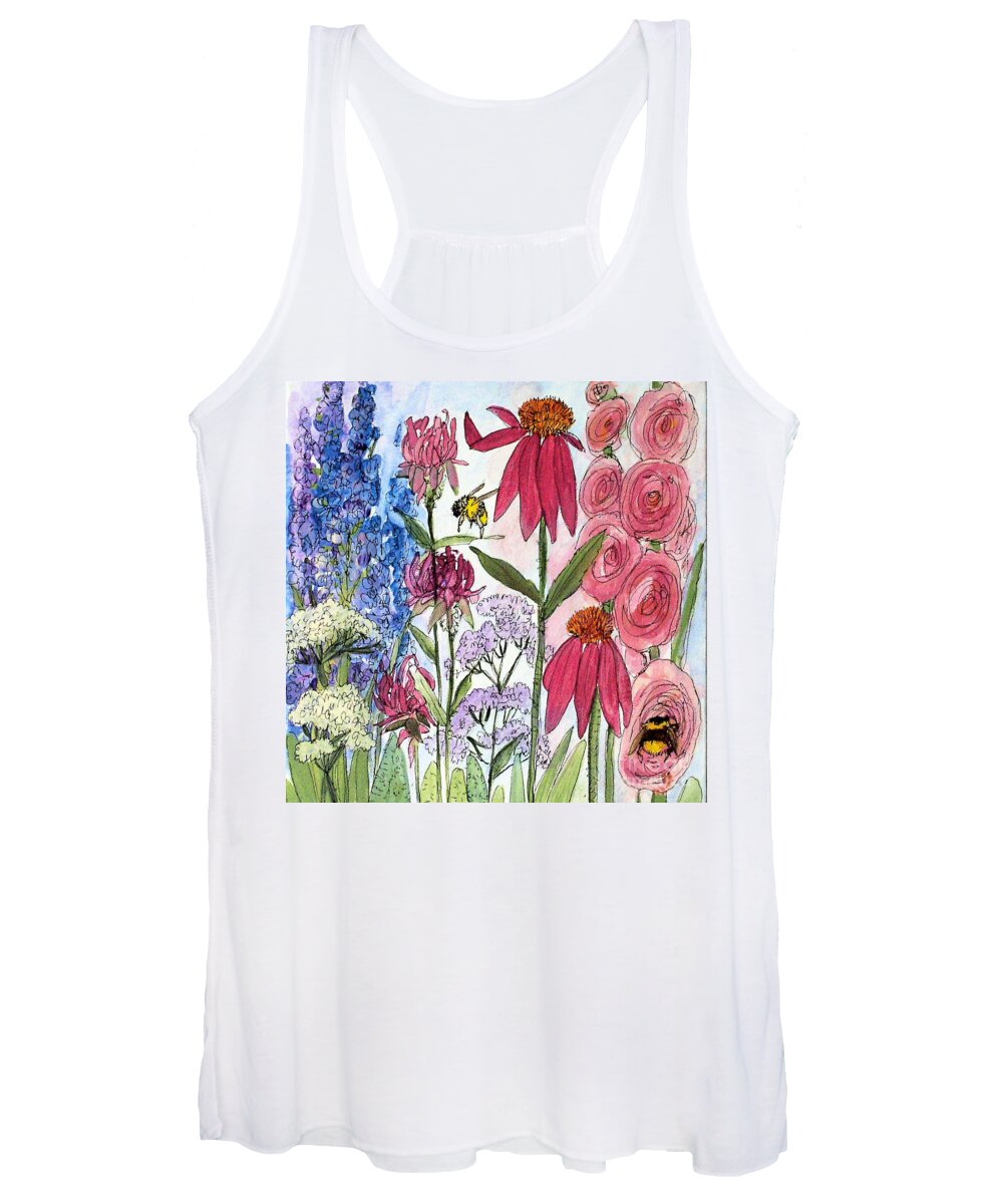 Acrylic On Canvas Women's Tank Top featuring the painting Garden Flower and Bees by Laurie Rohner