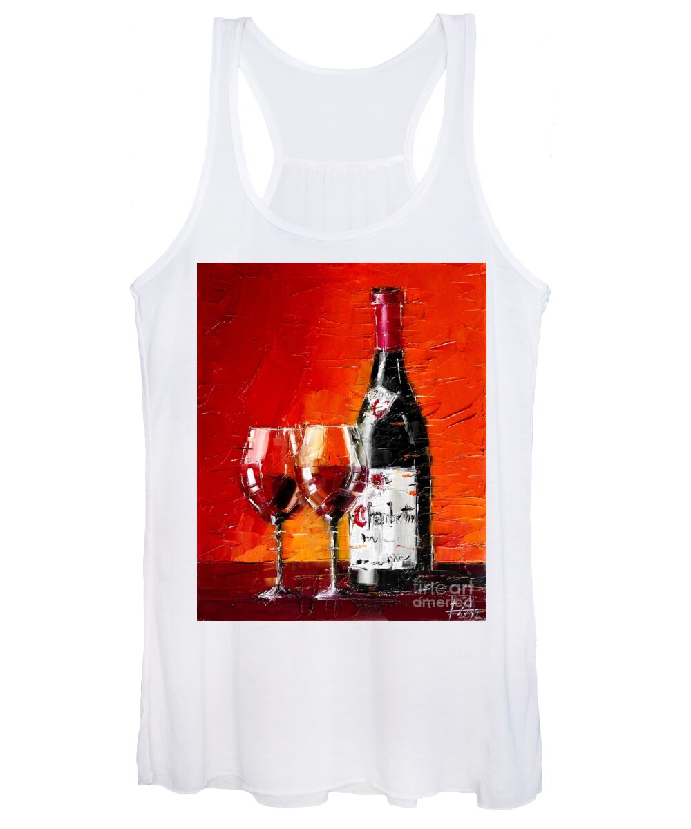Gevrey-chambertin Women's Tank Top featuring the painting Still life with wine bottle and glasses 3 by Mona Edulesco