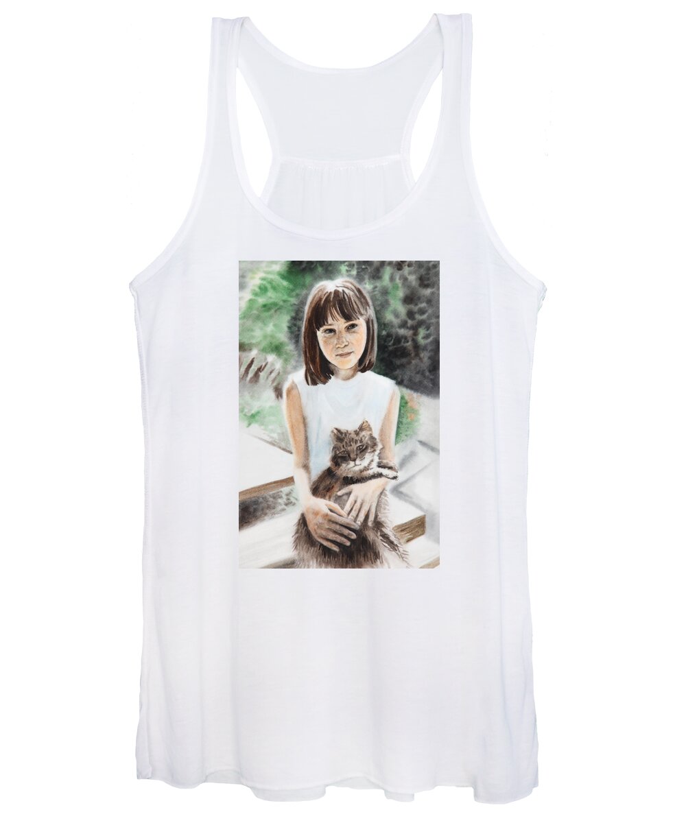 Girl Women's Tank Top featuring the painting Girl with Cat by Masha Batkova