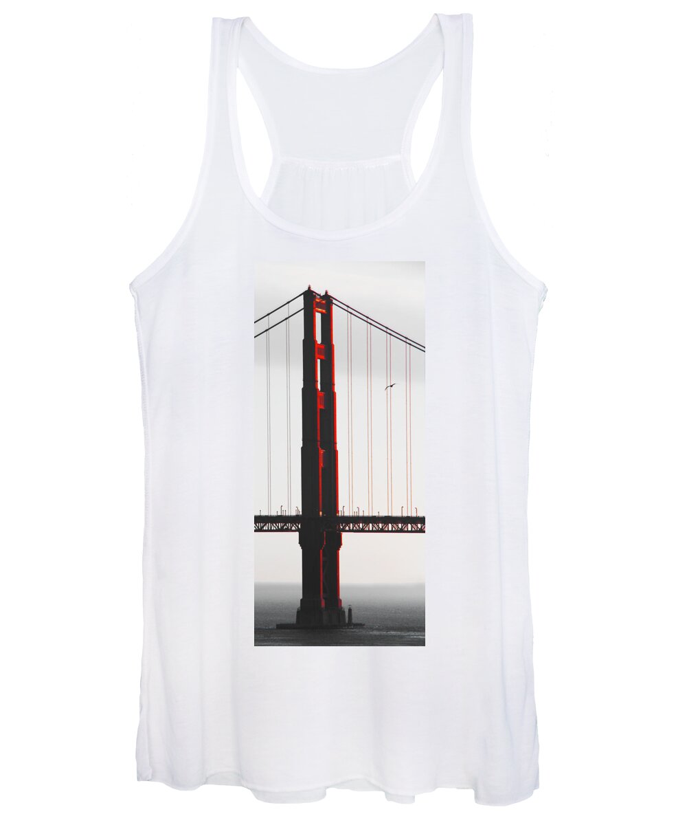 Golden Gate Bridge Women's Tank Top featuring the photograph Golden Gate Bridge - Sunset With Bird by Ben and Raisa Gertsberg