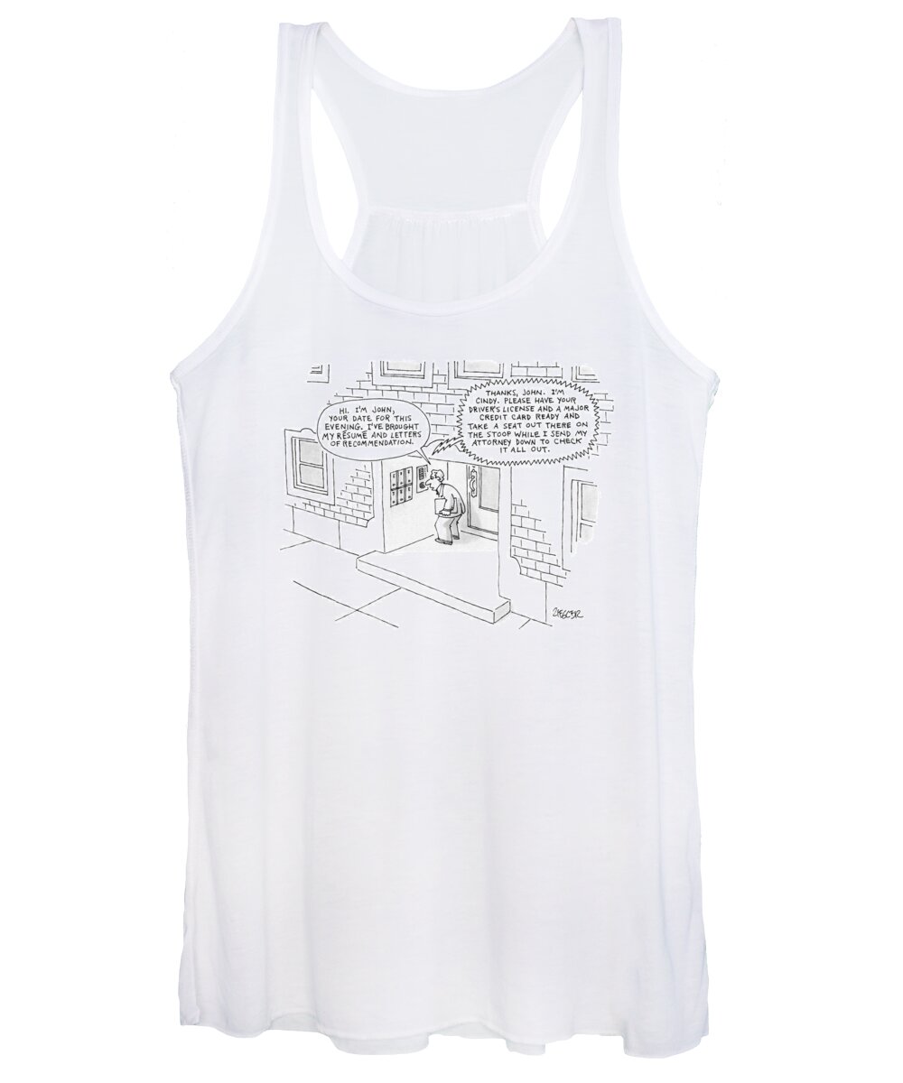 Apartment Building Women's Tank Top featuring the drawing 'hi. I'm John by Jack Ziegler