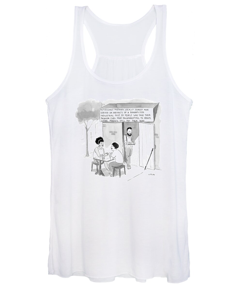 Hipsters Women's Tank Top featuring the drawing Hipsters At A Restaurant Building Called by Emily Flake