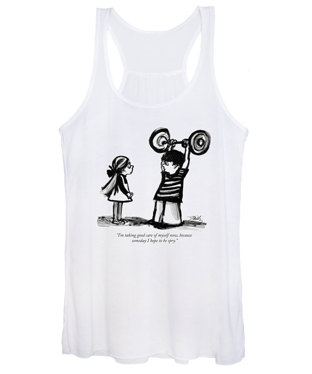 
 (a Boy Lifting Dumb Bells To A Little Girl.) Fitness Women's Tank Top featuring the drawing I'm Taking Good Care Of Myself Now by Donald Reilly