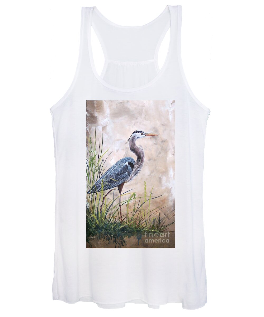 Heron Women's Tank Top featuring the painting In the Reeds-Blue Heron-A by Jean Plout