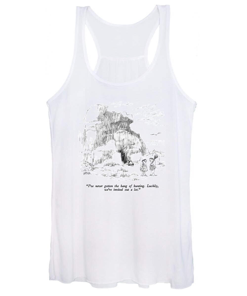 Stone Age Women's Tank Top featuring the drawing I've Never Gotten The Hang Of Hunting. Luckily by Robert Weber
