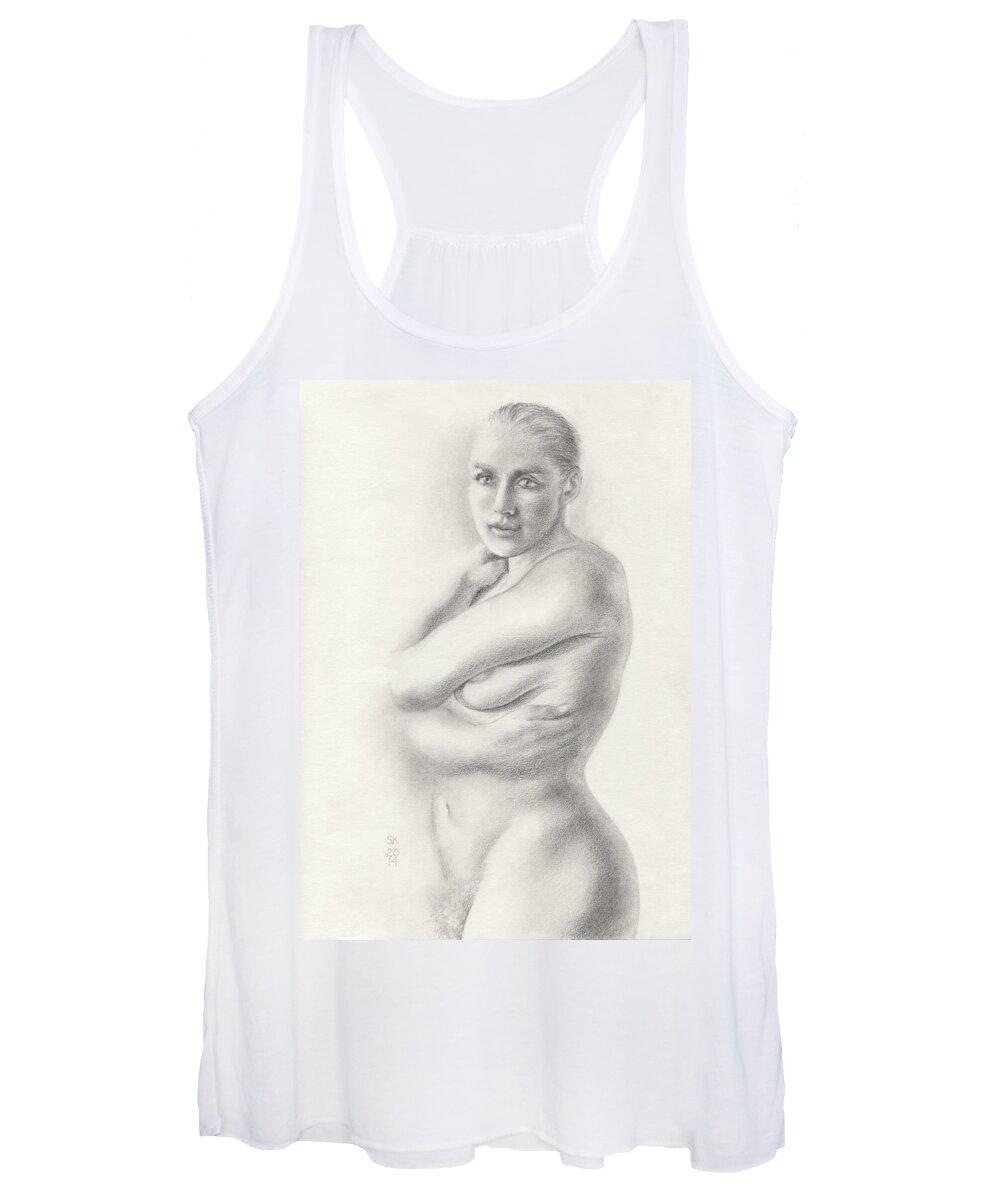 Female Nude Women's Tank Top featuring the drawing Kari Newly Pregnant Daydreaming by Scott Kirkman