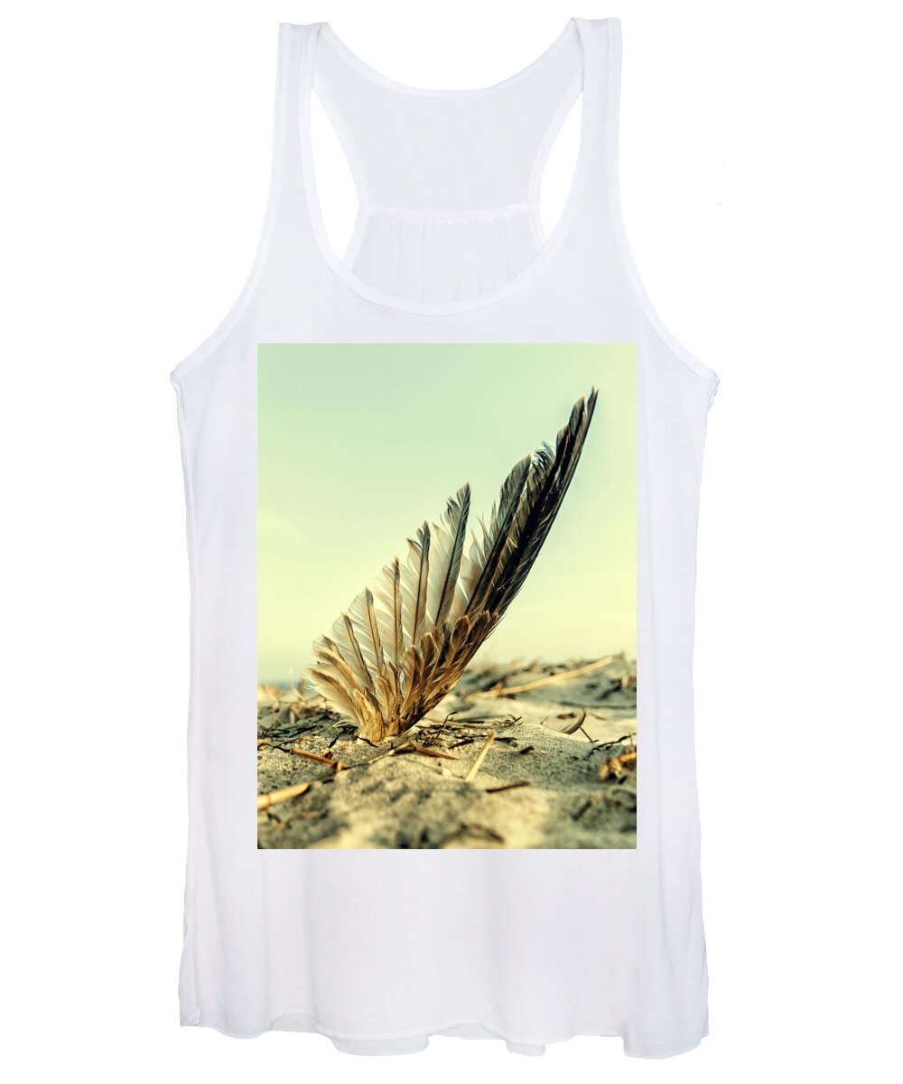Feather Women's Tank Top featuring the photograph Lost feather at the beach by Mike Santis
