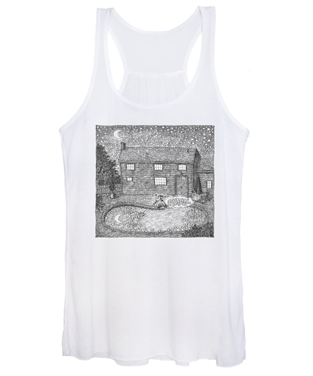 Stars Women's Tank Top featuring the drawing Man Fishes Stars Out Of His Pool At Nighttime by John O'Brien