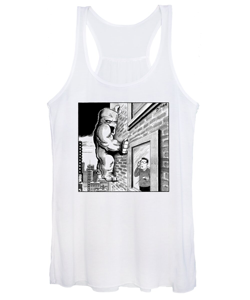 Caption Contest Tk Women's Tank Top featuring the drawing Man On Cell Phone Sees Monster On Side by Harry Bliss