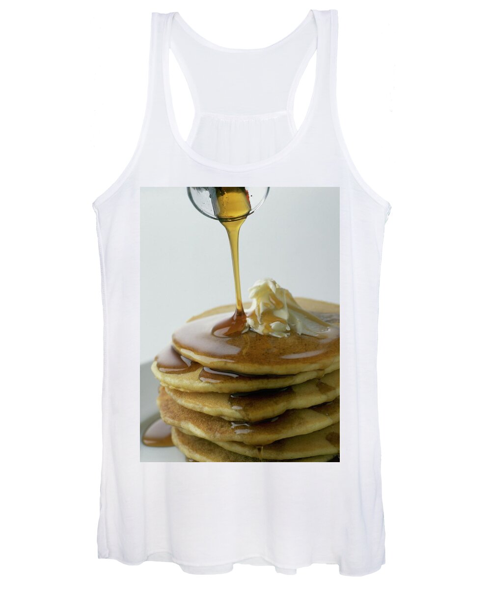 Cookingpancakesstill Lifenobodypancakebreakfastfoodmaple Syrupsyrupbutterindulgencesweetstacked #condenastgourmetphotograph November 1st 2002 Women's Tank Top featuring the photograph Maple Syrup Being Poured Onto A Stack Of Pancakes by Romulo Yanes