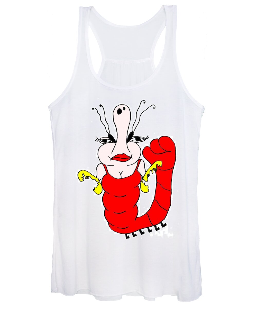 Abstract Colorful Painting Miss Shrimp By Happy Fish Women's Tank Top featuring the drawing Miss Shrimp by Donna Daugherty