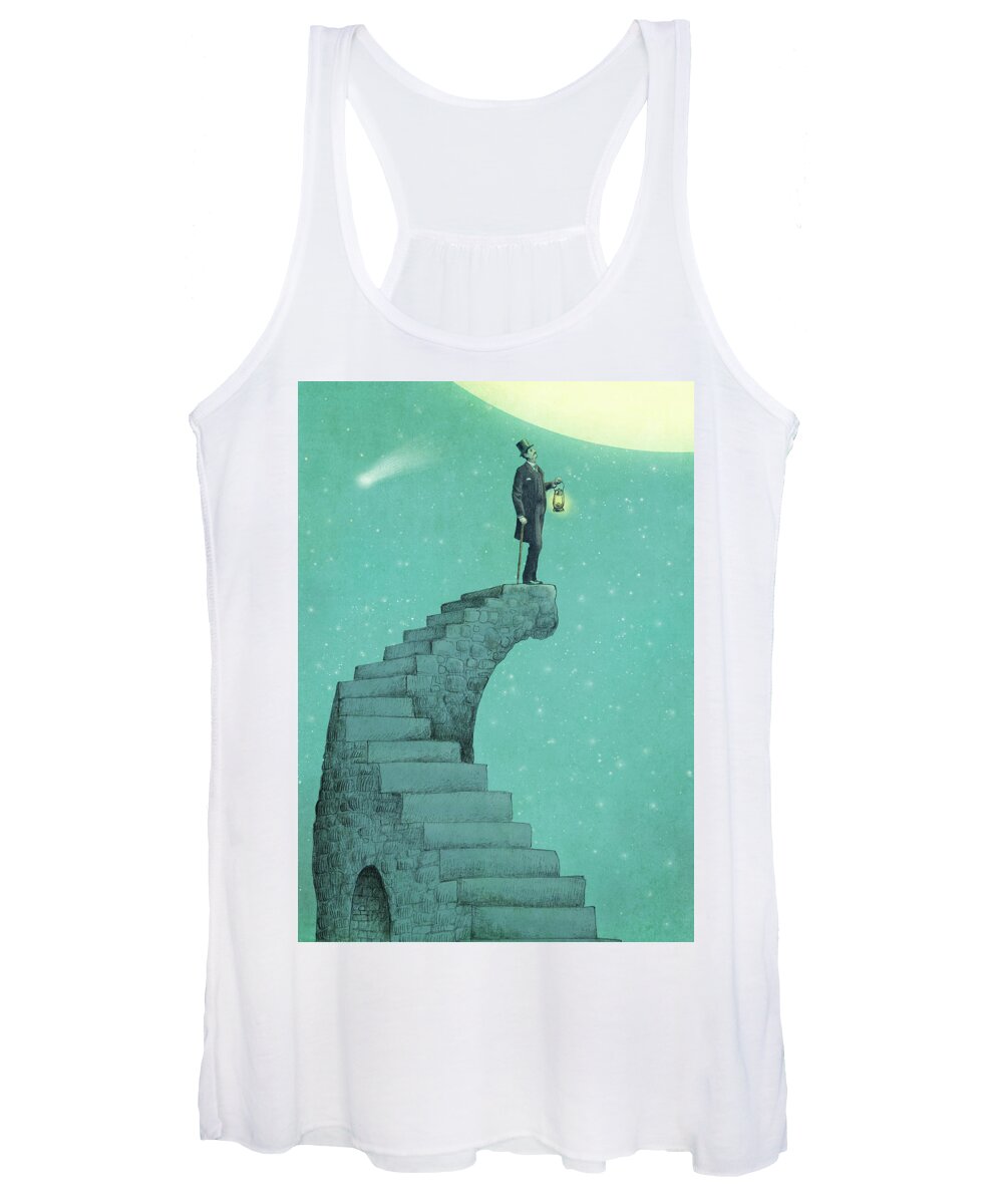 Moon Vintage Victorian Blue Green Stars Comet Top Hat Steps Staircase Astronomy Surreal Whimsical Dream Women's Tank Top featuring the drawing Moon Steps by Eric Fan