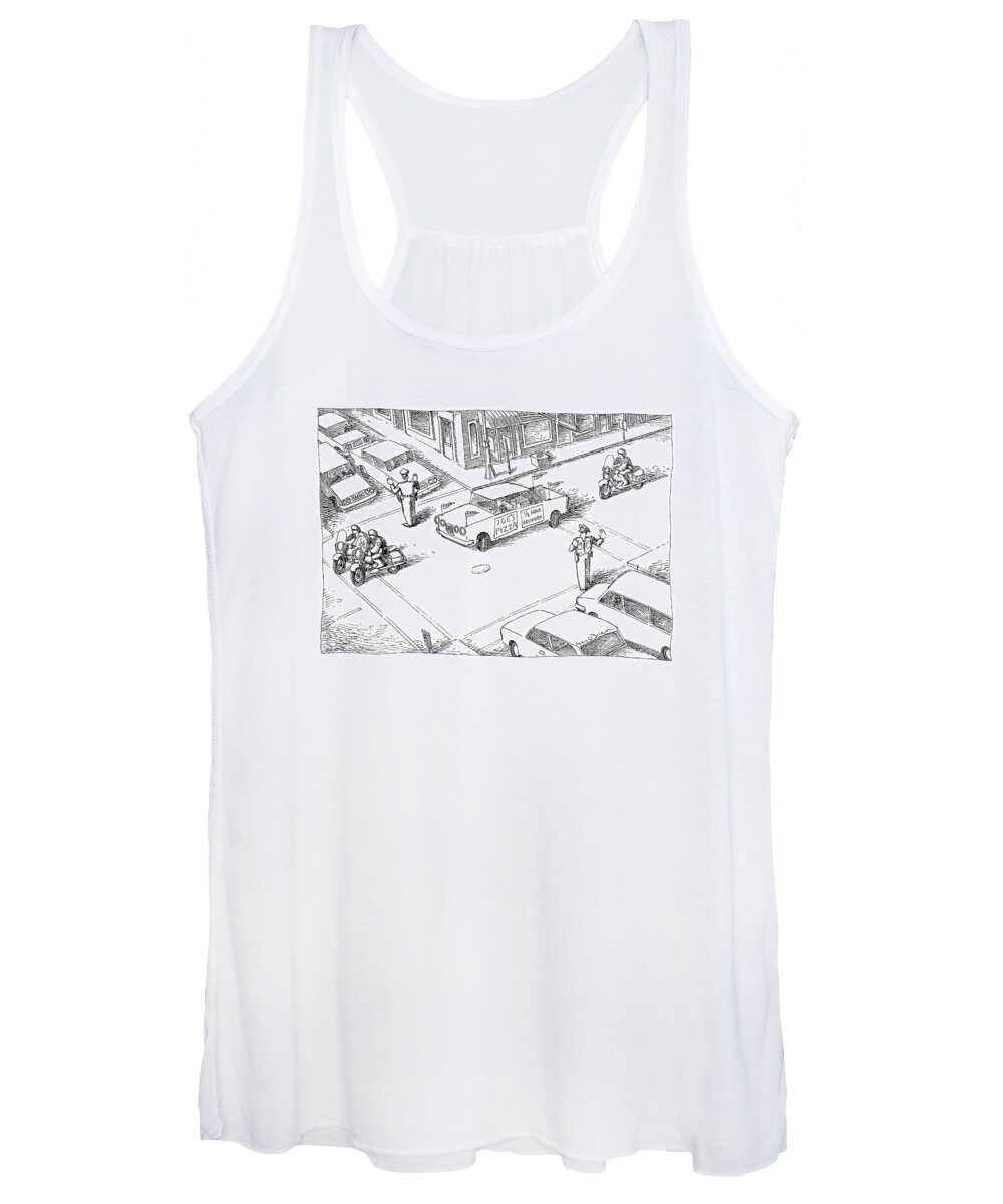 (a Motorcade Made Up Of Motorcycles Around A Delivery Car That Has A Sign On It That Reads 'joe's Pizza' Bedecked With Pennants Passes Throughan Intersection Where Policemen Have Stopped Traffic.) 
Food Women's Tank Top featuring the drawing New Yorker January 28th, 1991 by John O'Brien