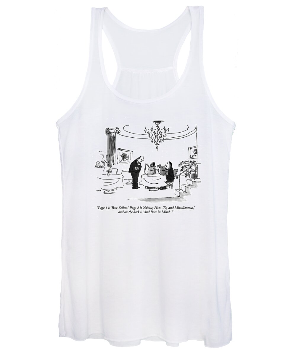 


(waiter Explaining Menus To Patrons.) High Cuisine Women's Tank Top featuring the drawing Page 1 Is 'best-sellers.' Page 2 Is 'advice by George Booth
